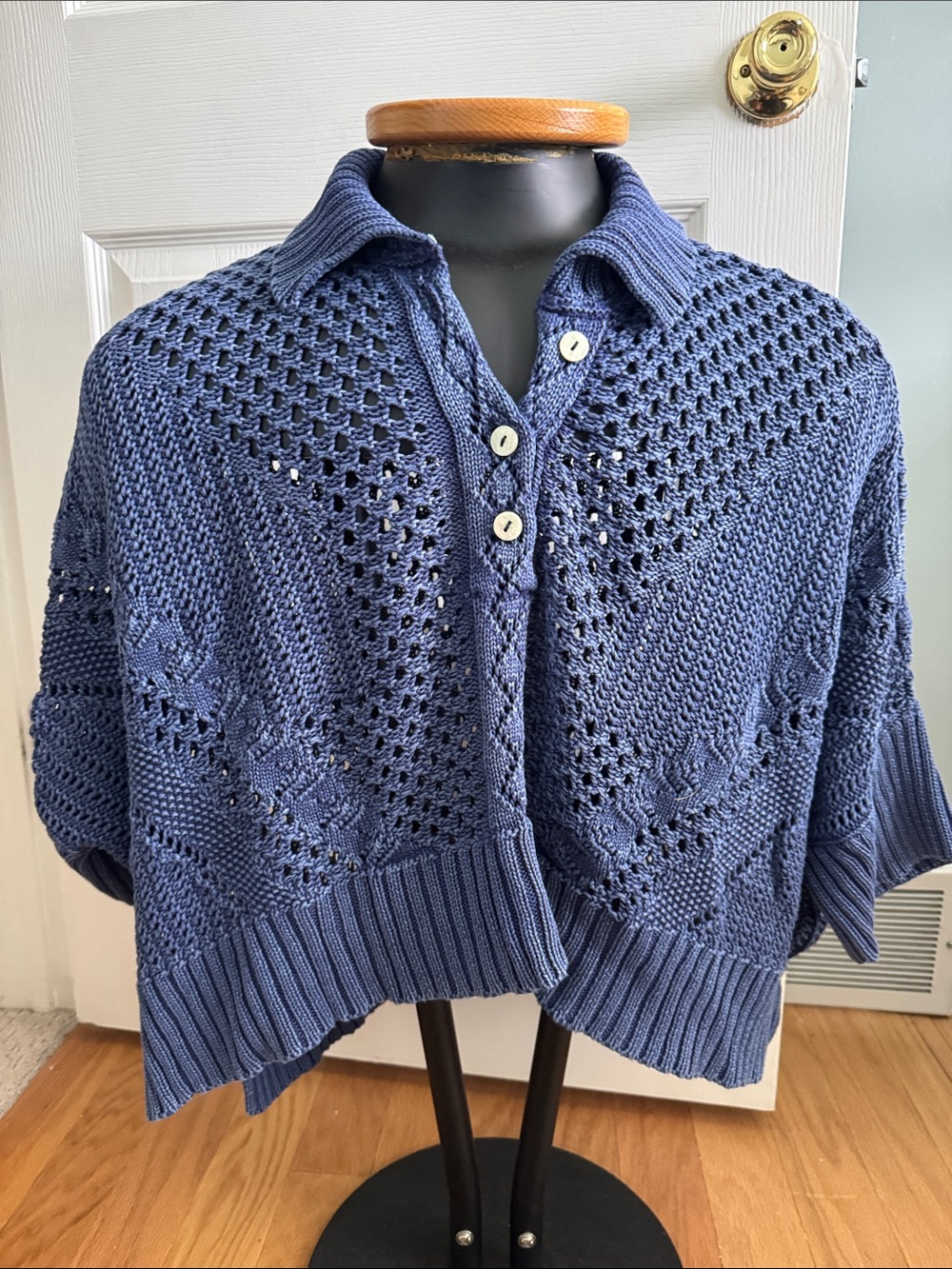Free People Navy Blue Open-Weave Cropped Collared Sweater